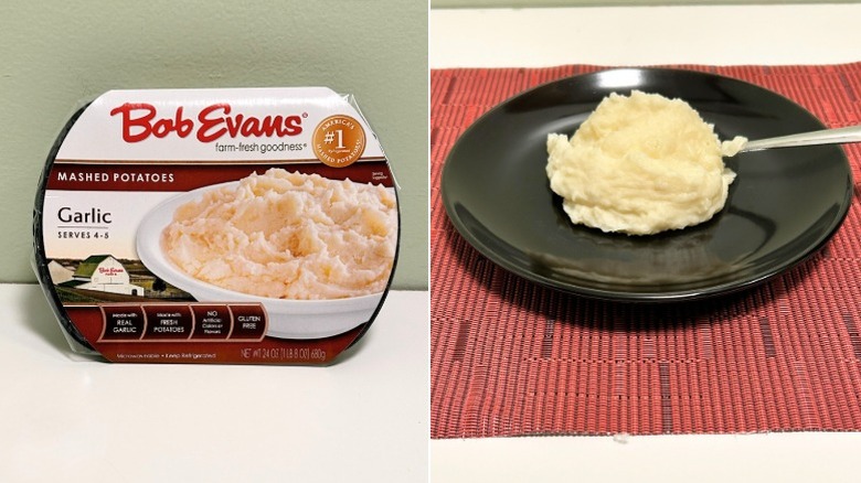 A container of Bob Evans Garlic Mashed Potatoes next to a black plate of mashed potatoes