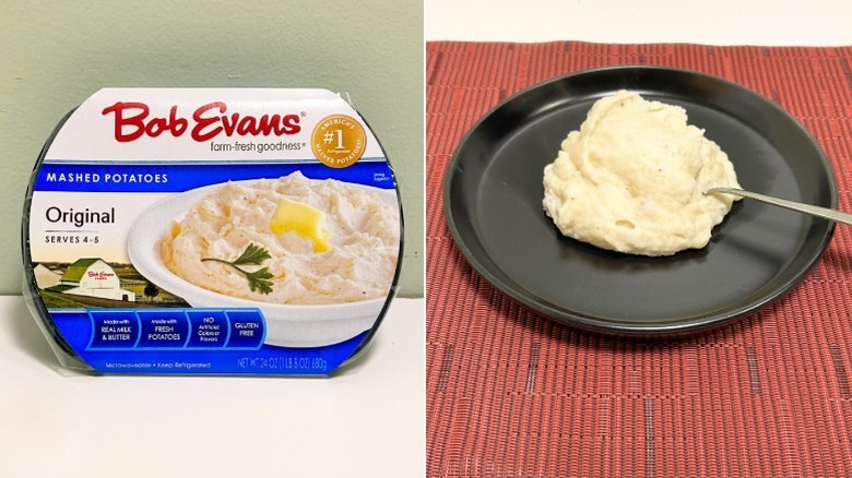 A container of Bob Evans Original Mashed Potatoes next to a black plate of mashed potatoes
