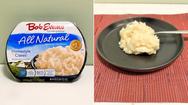 A container of Bob Evans All Natural Mashed Potatoes next to a black plate of mashed potatoes