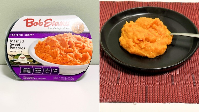 A container of Bob Evans Mashed Sweet Potatoes next to a black plate of mashed sweet potatoes