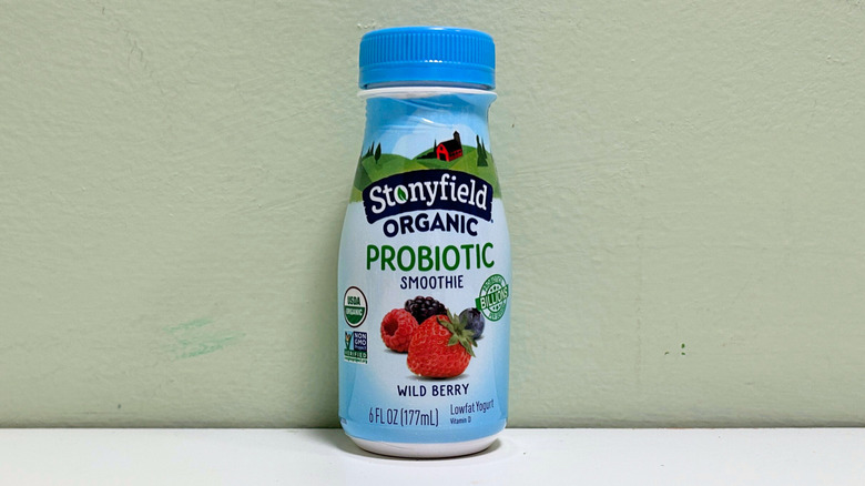 A bottle of Stonyfield Organic Probiotic Wild Berry Smoothie