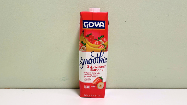 A bottle of Goya Strawberry Banana Smoothie