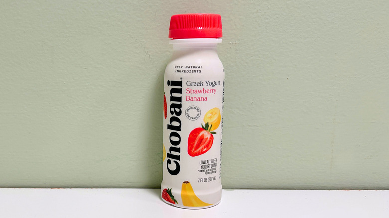 A bottle of Chobani Strawberry Banana Greek Yogurt Smoothie