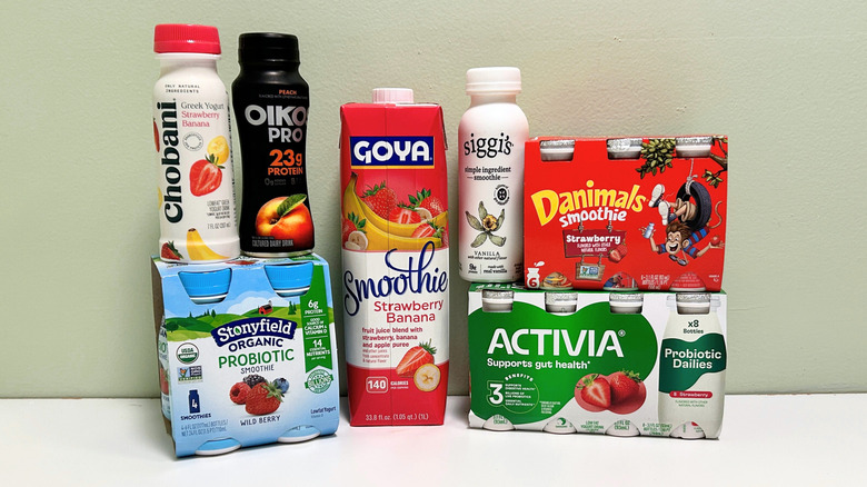 Several bottled smoothie brands stacked together