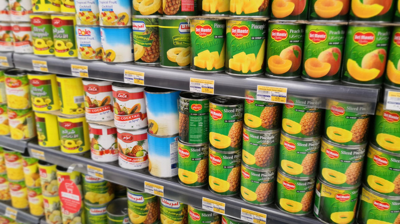 Canned fruit aisle in supermarket