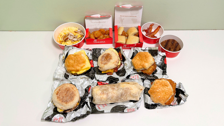 Several Chick-fil-A breakfast menu items arranged together in three rows