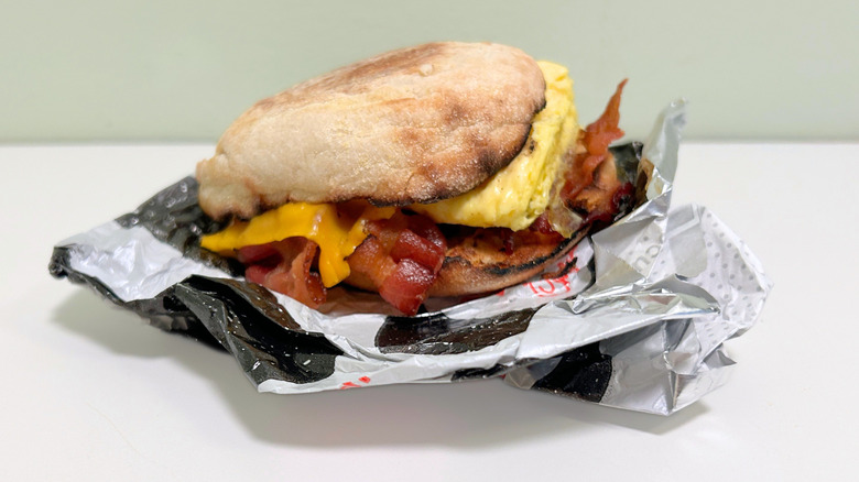 A Bacon, Egg, and Cheese Muffin on a wrapper