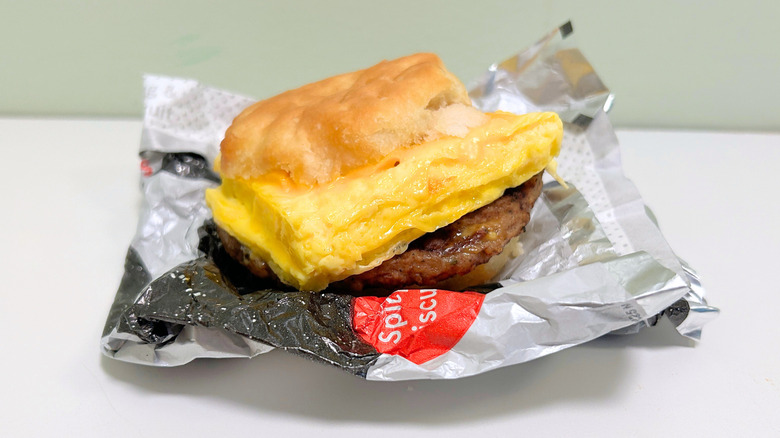 A Sausage, Egg, and Cheese Biscuit on a wrapper