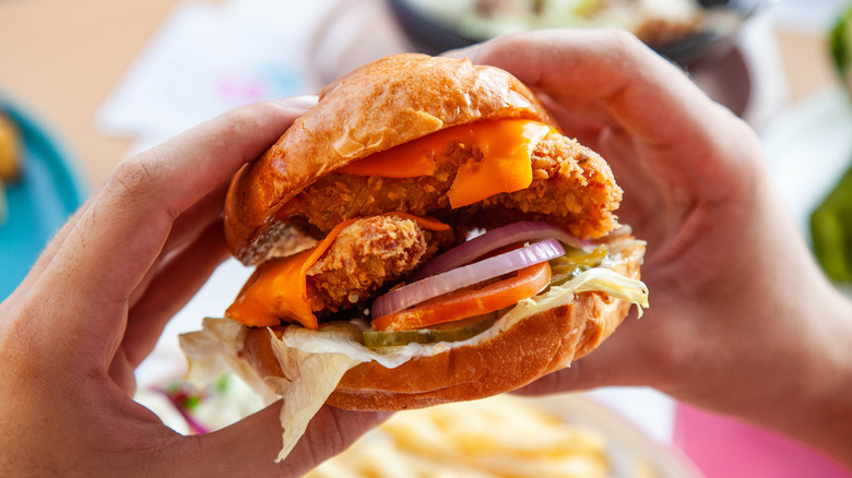 Two hands holding a fried chicken sandwich