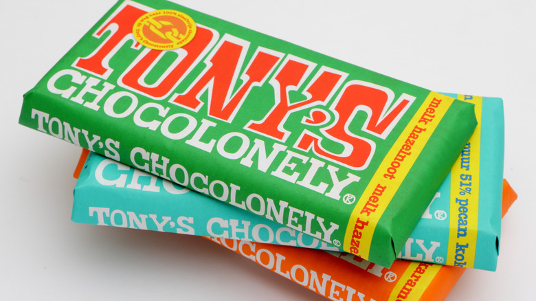 3 bars of tony's chocolonely stacked