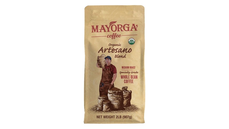 Bag of Mayorga Organic Artesano Blend Coffee against a white background.