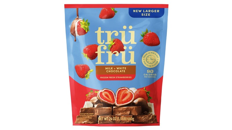 Bag of Tru Fru Milk and White Chocolate Frozen Strawberries against a white background