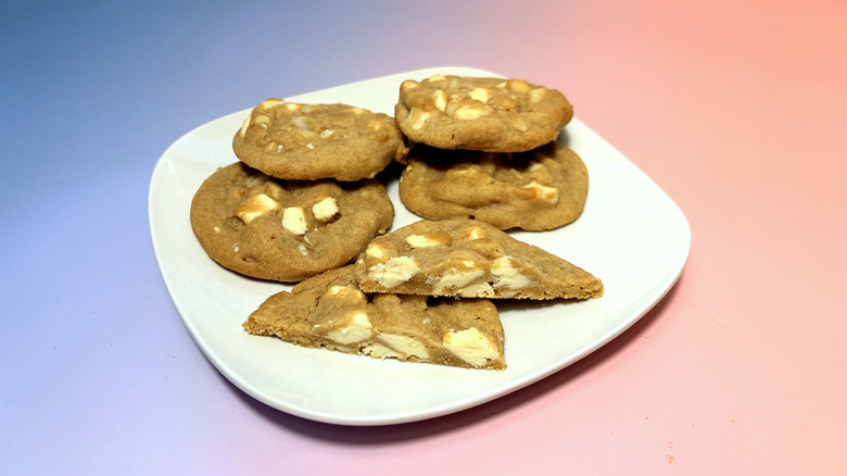 Plate of Kirkland Signature double nut cookies with white chocolate chunks