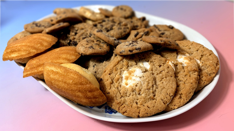 Close up of a platter of a variety of Kirkland Signature cookies
