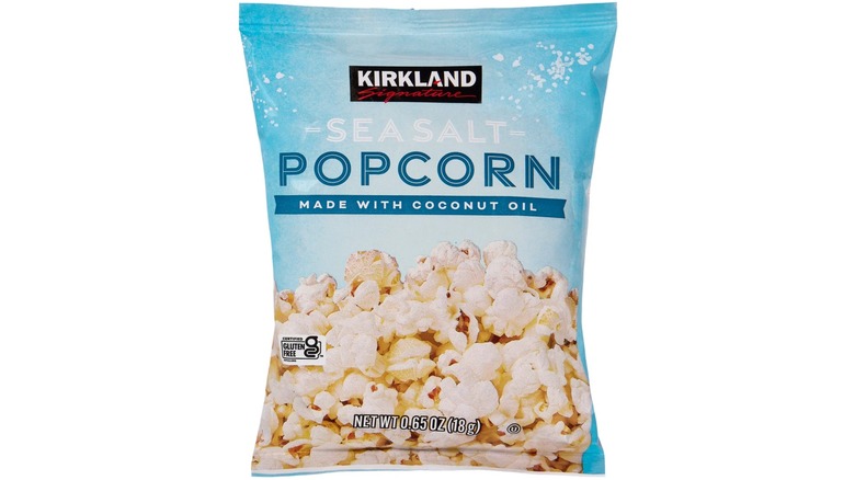 A single-serving bag of Kirkland Signature Sea Salt Popcorn with Coconut Oil