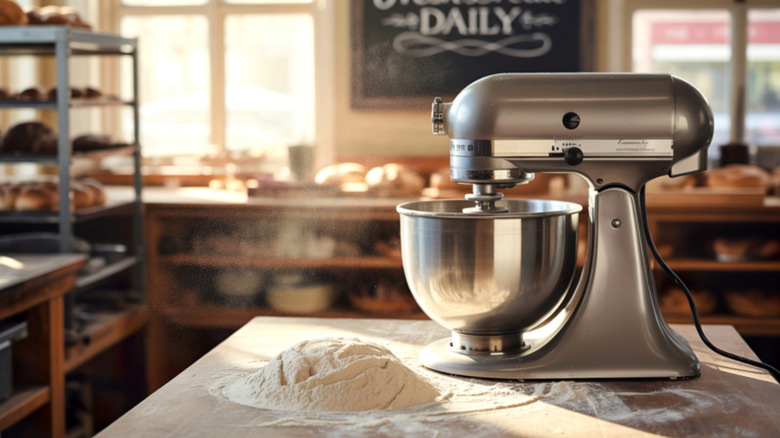 A stand mixer sits next to a pile of flour