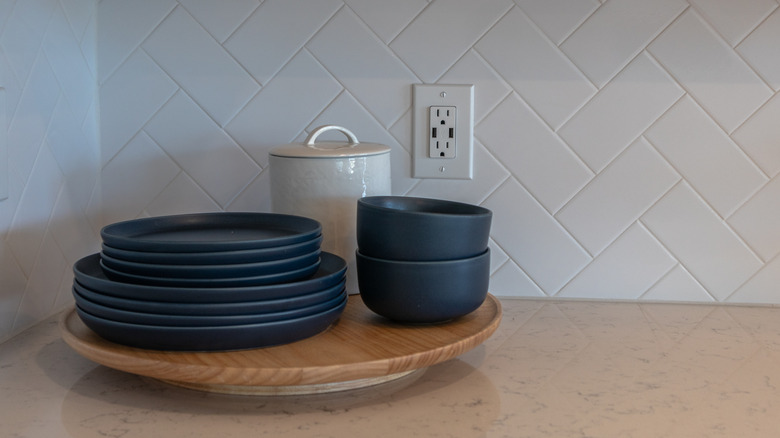 Lazy susan with plates and bowls