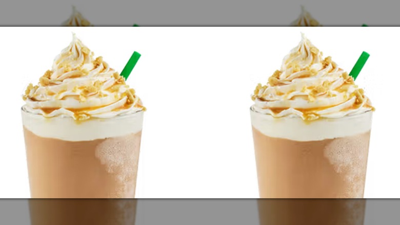 Two Krispy Kreme Frozen Apple Crisp Lattes on a white background