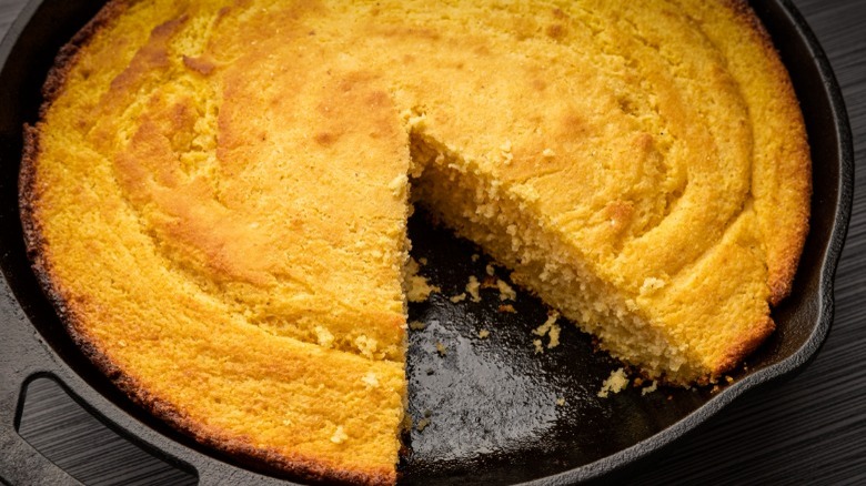 Sliced cornbread in skillet