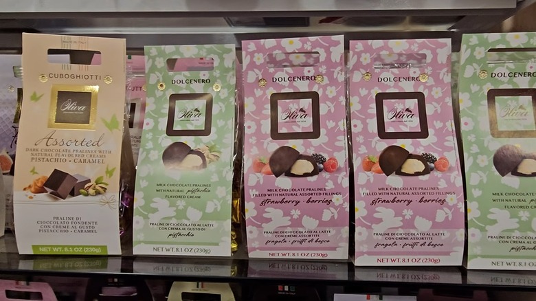 Pastel-colored paper bags of European chocolates