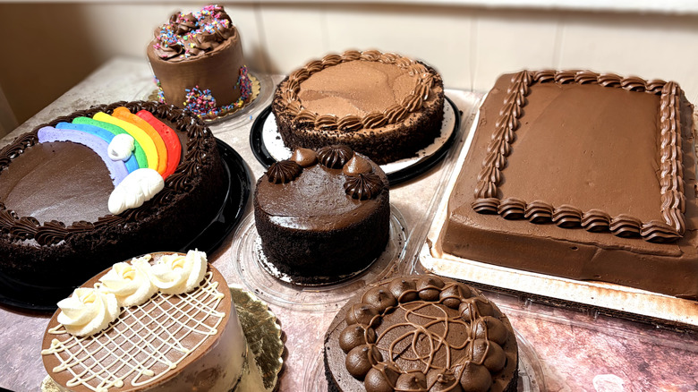 Various chocolate cakes on a table