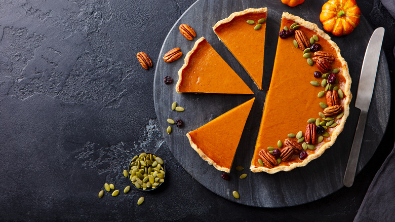 pumpkin pie half sliced