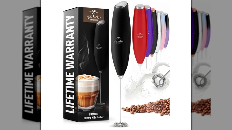 Handheld electric frothers in various colors on a white background