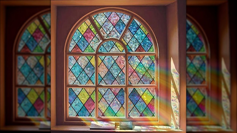 An arched window covered in stained glass window film