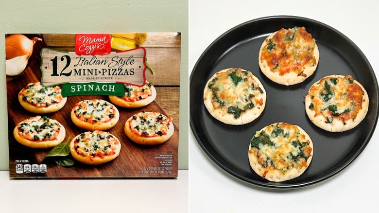 A box of Mama Cozzi's Italian-Style Spinach Mini Pizzas next to a black plate of mini pizzas