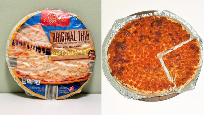 A package of Mama Cozzi's Original Thin-Crust Cheese Pizza next to a cheese pizza