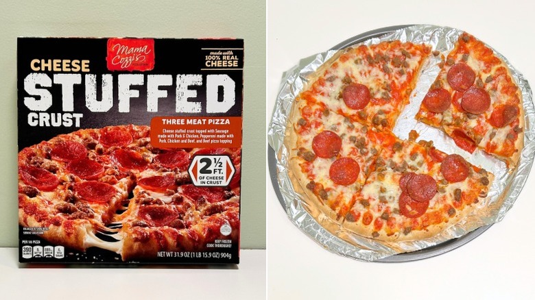 A box of Mama Cozzi's Cheese Stuffed Crust Three Meat Pizza next to a three meat pizza