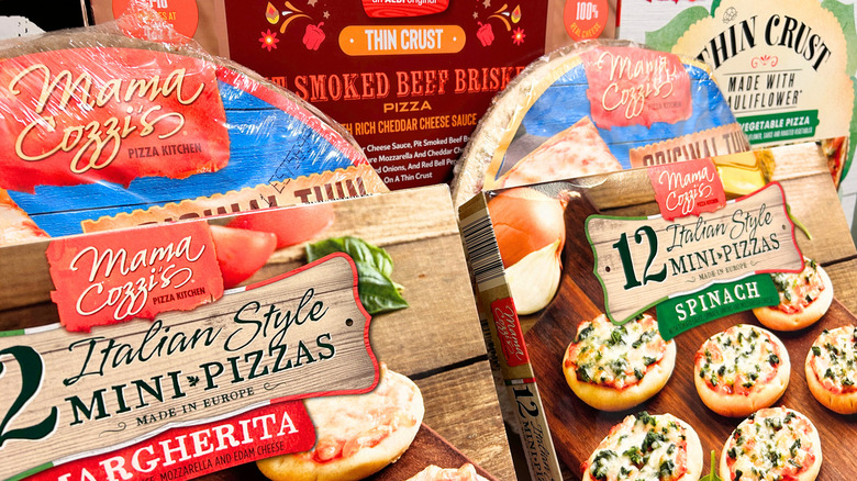 Close up of some Mama Cozzi's pizzas arranged together