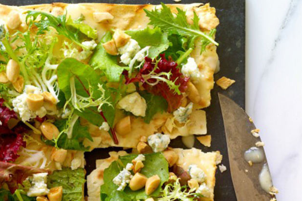Lavash Pizza with a Salad of Greens, Gorgonzola, and Toasted Almonds Recipe