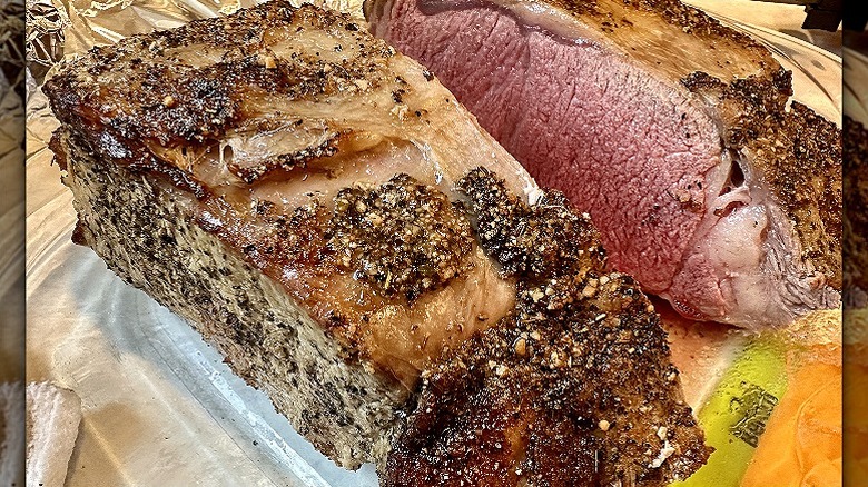 Medium rare Strip steak roast on plate.