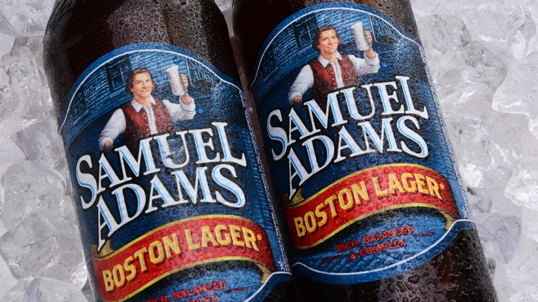 Two bottles of Samuel Adams Boston Lager with labels up