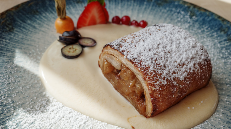 Apple strudel with powdered sugar