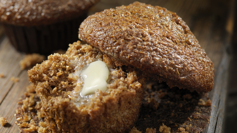 Split bran muffin with butter