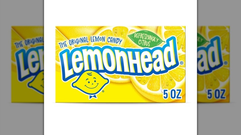 A box of Lemonhead candies on a white background