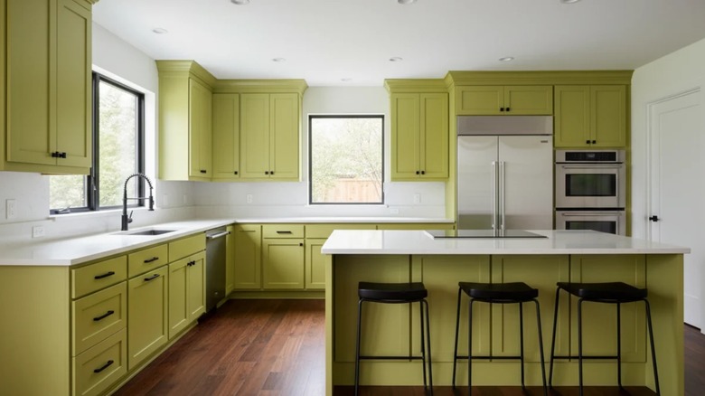 Kitchen with yellow-green cabinets and white counters