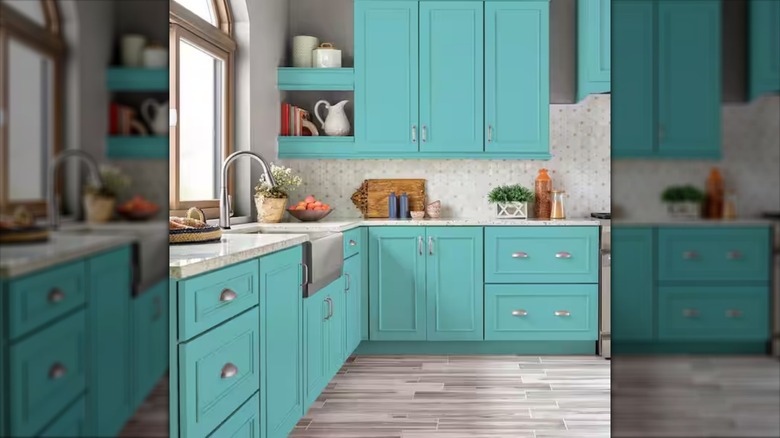 Kitchen with turquoise cabinets