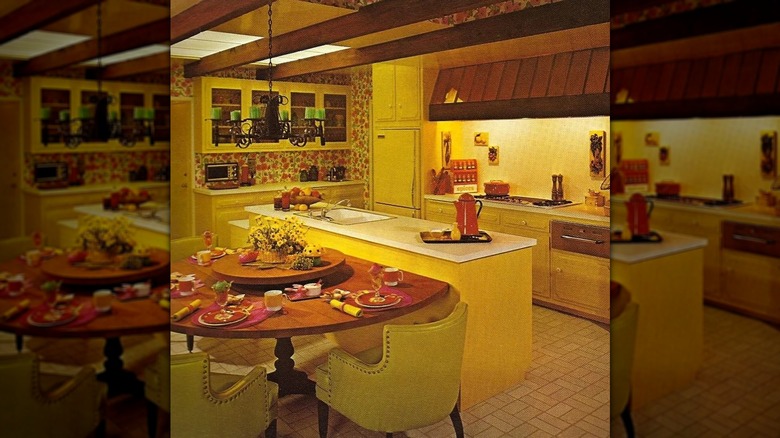 1970s kitchen with harest hold appliances and island