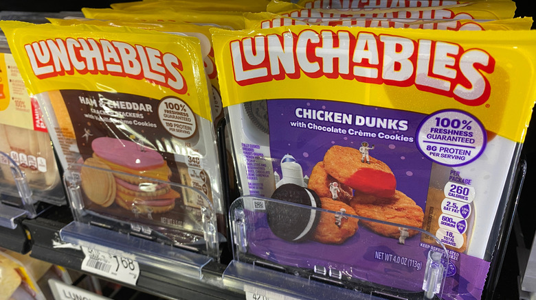 packaged Lunchables products on grocery store shelf