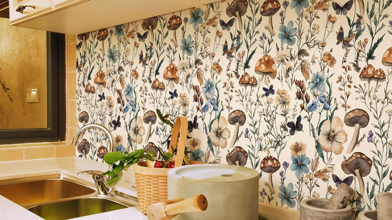 1970s style mushroom-themed wallpaper in a kitchen