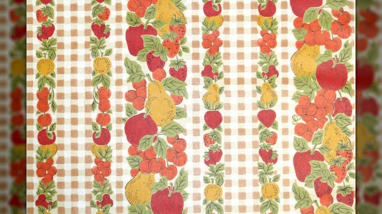 1960s fruit and gingham striped kitchen wallpaper