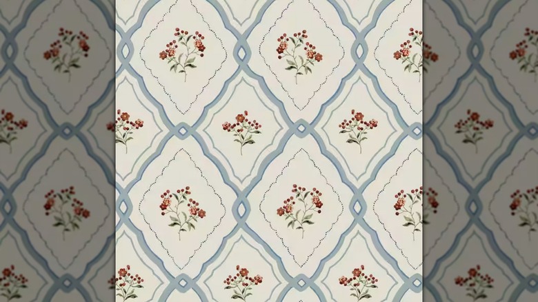 Trellis patterned Laura Ashley retro-style kitchen wallpaper