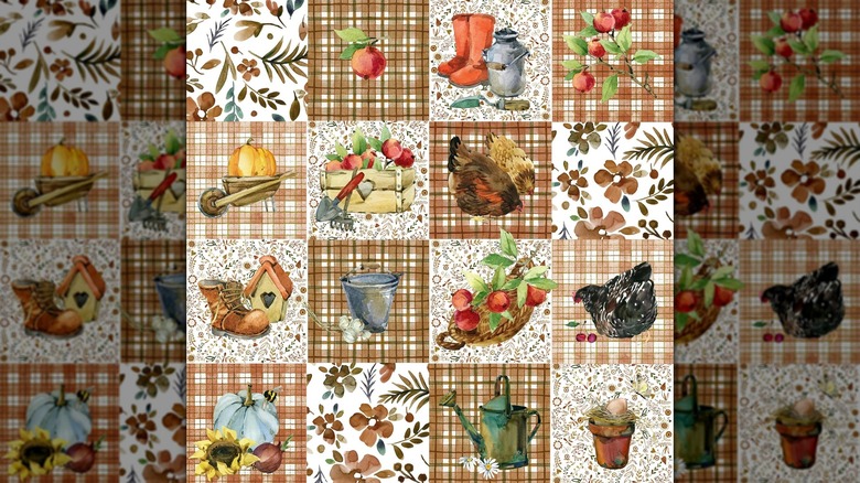 Patchwork plaid and floral in browns vintage wallpaper