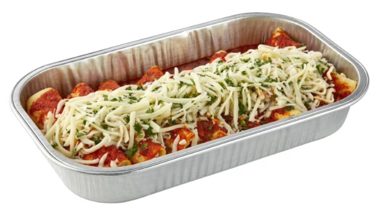 Cheese manicotti in an aluminum pan
