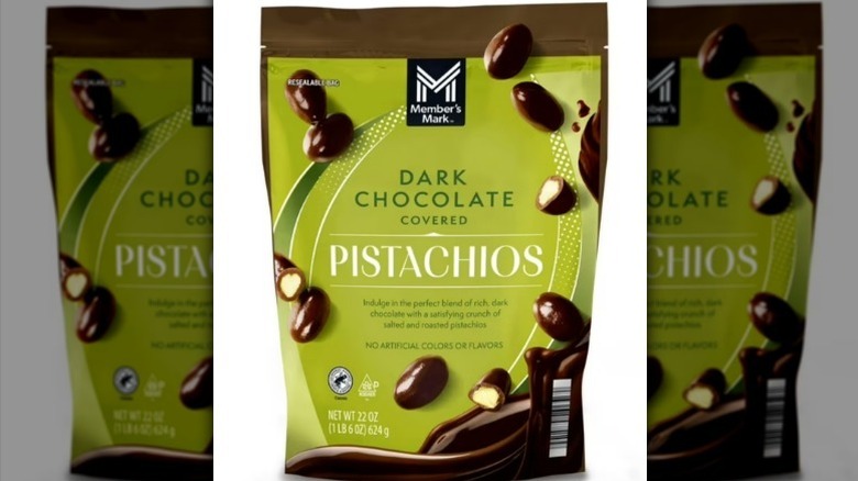 Dark chocolate pistachios on white background