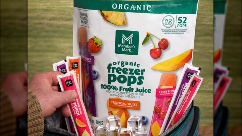 Freezer pop bag in cooler with hand holding one pop