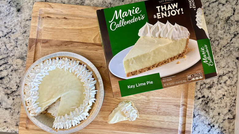 Overhead view of a sliced Marie Callender's brand pie